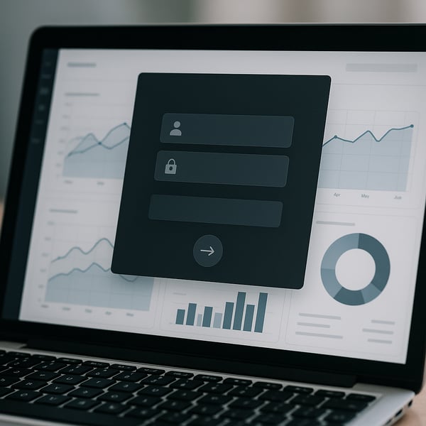 Secure customer portal login interface with professional dashboard visualization